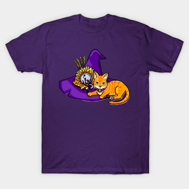 Orange Cat on a Witch Hat (purple) T-Shirt by allthebeanz